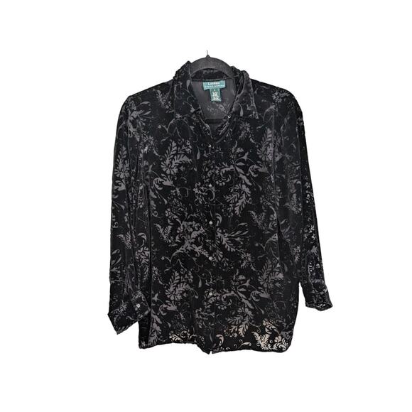 Vtg Lauren Ralph Lauren Velvet Top L Black Shirt Silk Sheer Button Whimsigoth - Picture 1 of 10